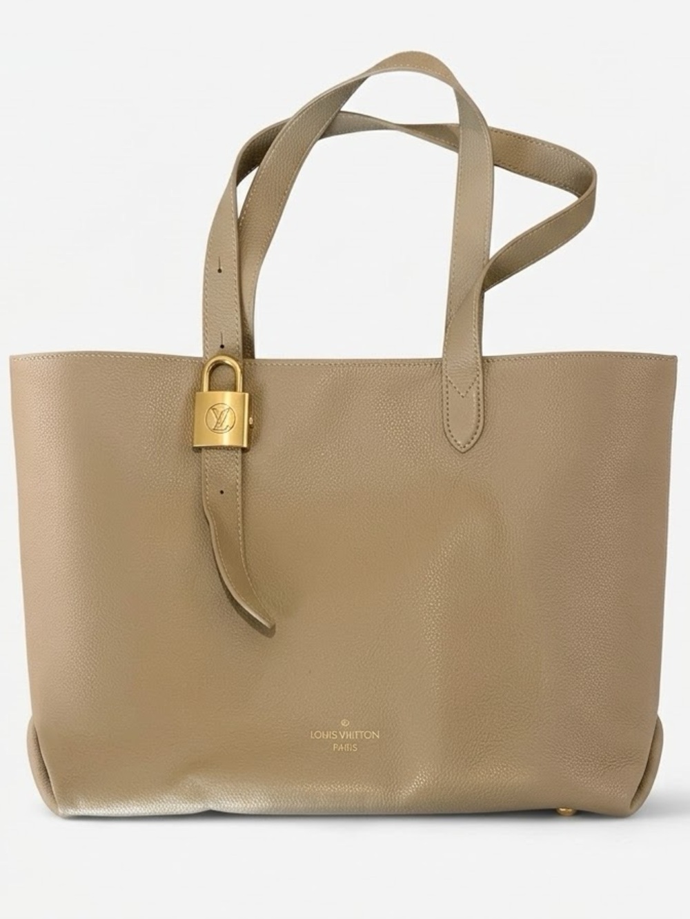 Beige Taupe Leather Tote with Gold Padlock
